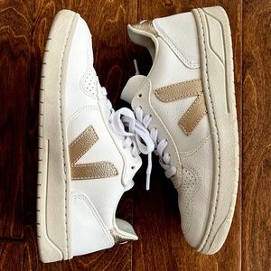 Veja V-10 Leather Sneakers in White and Metallic Gold